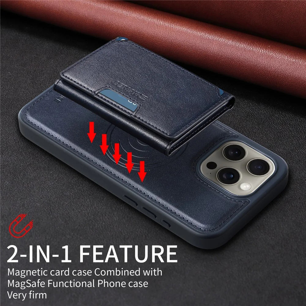 BETOPNICE For iPhone 15 Pro Max Magnetic Case  Leather Phone Cover Kickstand with Detachable Card Bag - Blue - 5