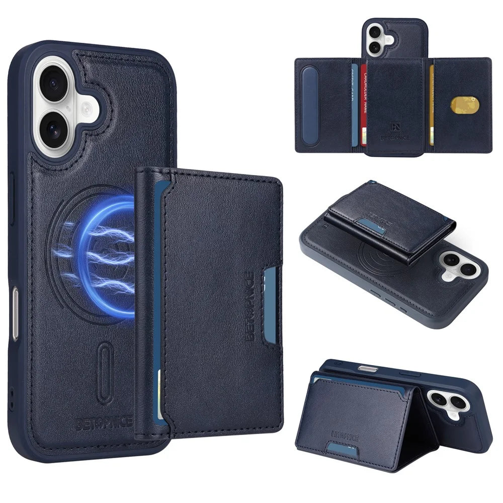 BETOPNICE For iPhone 16 Magnetic Case  Leather Phone Cover Kickstand with Detachable Card Bag - Blue - 1