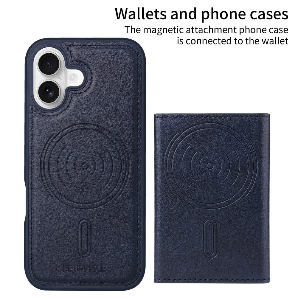 BETOPNICE For iPhone 16 Magnetic Case  Leather Phone Cover Kickstand with Detachable Card Bag - Blue - 2