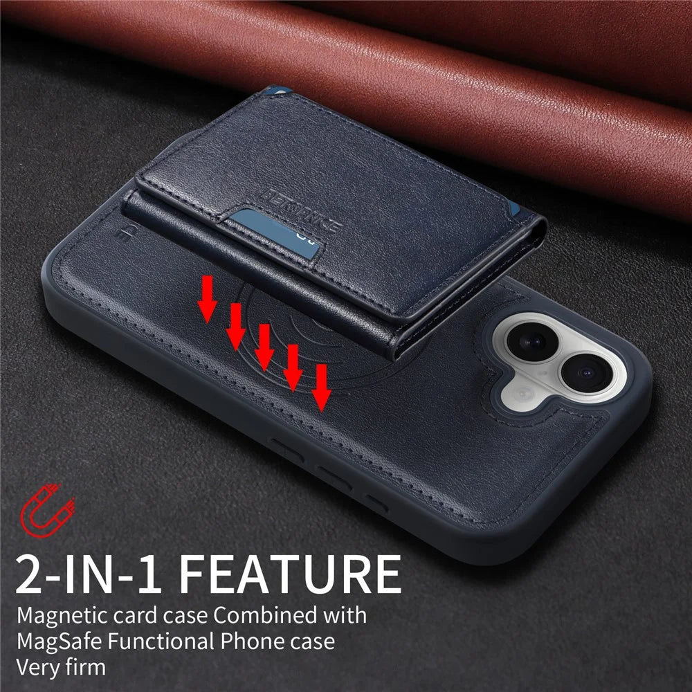 BETOPNICE For iPhone 16 Magnetic Case  Leather Phone Cover Kickstand with Detachable Card Bag - Blue - 5