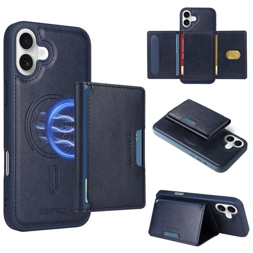 BETOPNICE For iPhone 16 Plus Magnetic Case  Leather Phone Cover Kickstand with Detachable Card Bag - Blue - 1