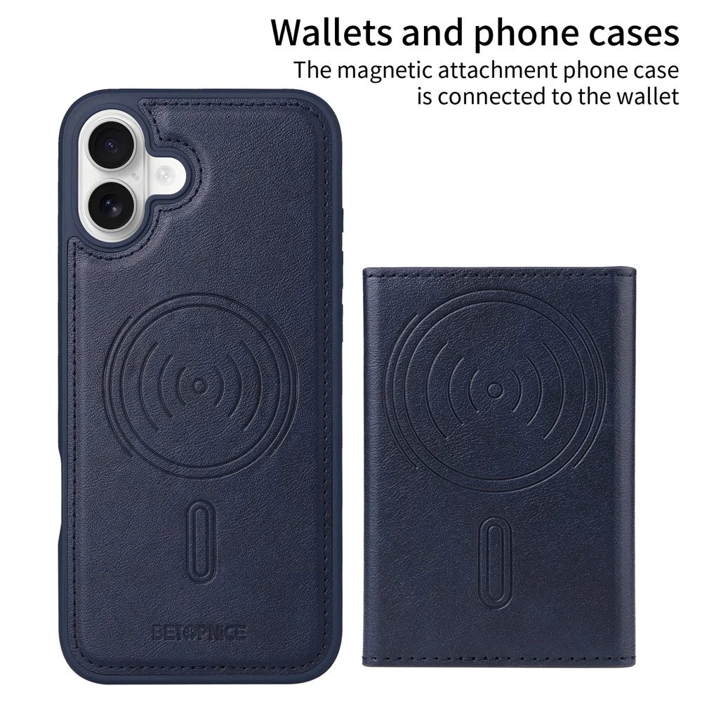 BETOPNICE For iPhone 16 Plus Magnetic Case  Leather Phone Cover Kickstand with Detachable Card Bag - Blue - 2