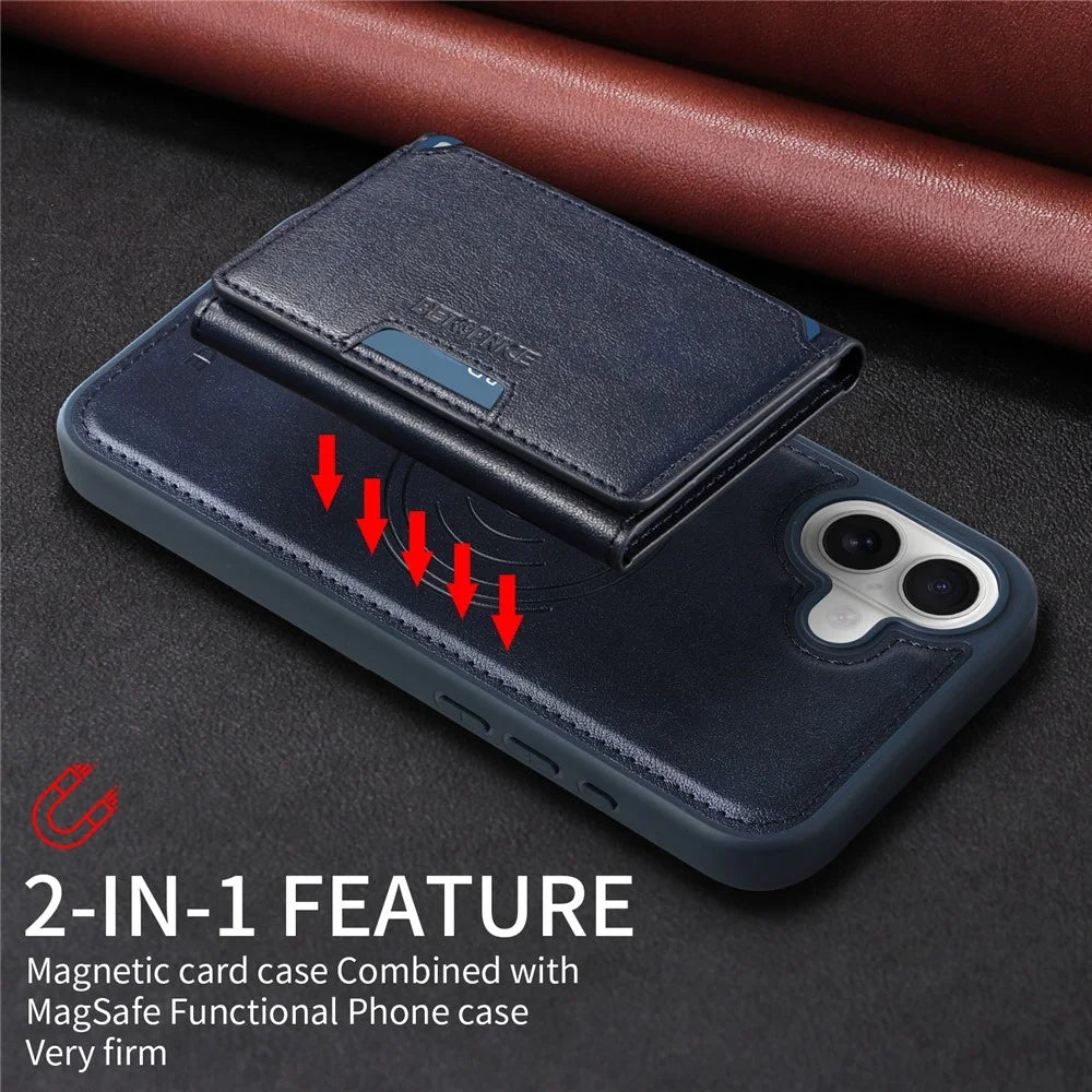 BETOPNICE For iPhone 16 Plus Magnetic Case  Leather Phone Cover Kickstand with Detachable Card Bag - Blue - 5