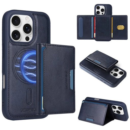 BETOPNICE For iPhone 16 Pro Magnetic Case  Leather Phone Cover Kickstand with Detachable Card Bag - Blue - 1