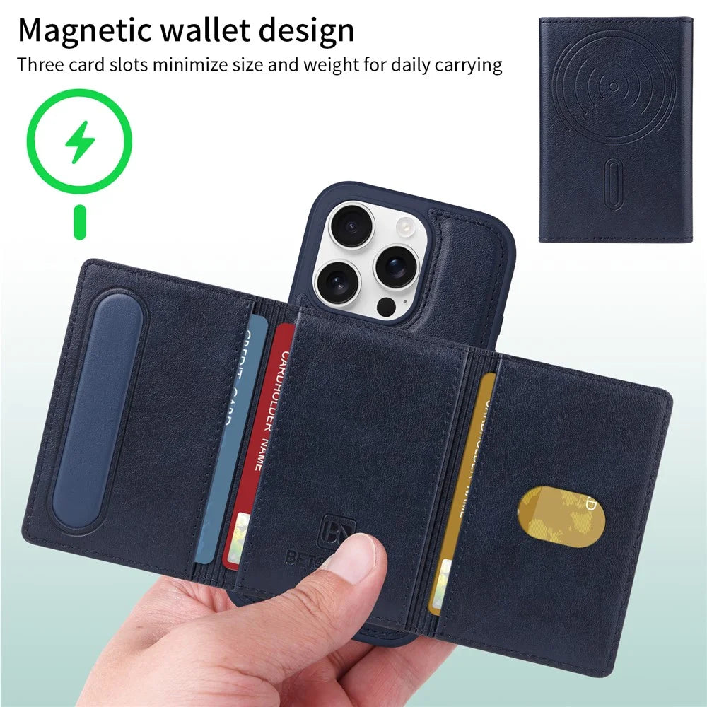BETOPNICE For iPhone 16 Pro Magnetic Case  Leather Phone Cover Kickstand with Detachable Card Bag - Blue - 3
