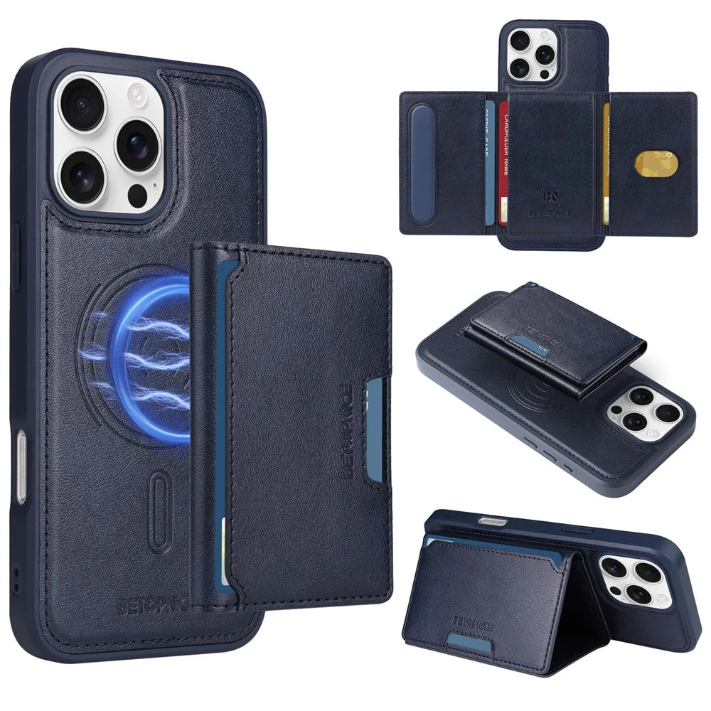 BETOPNICE For iPhone 16 Pro Max Magnetic Case  Leather Phone Cover Kickstand with Detachable Card Bag - Blue - 1