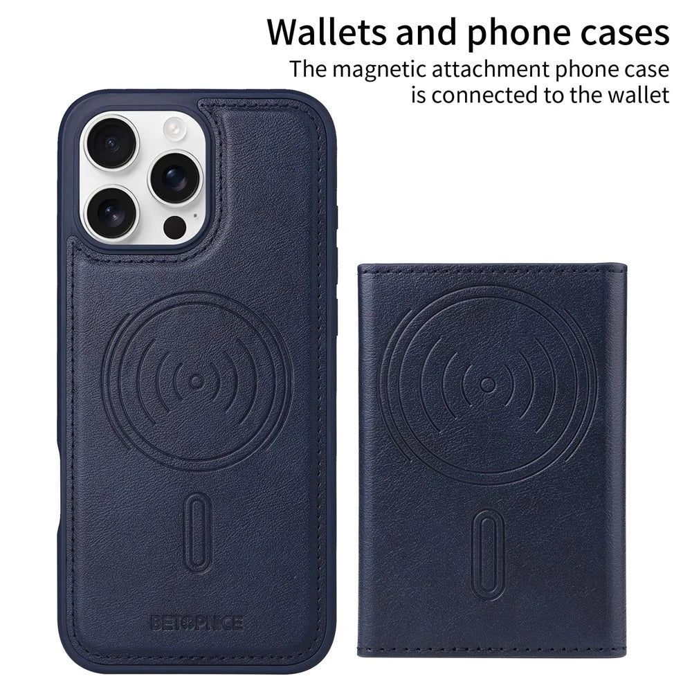 BETOPNICE For iPhone 16 Pro Max Magnetic Case  Leather Phone Cover Kickstand with Detachable Card Bag - Blue - 2