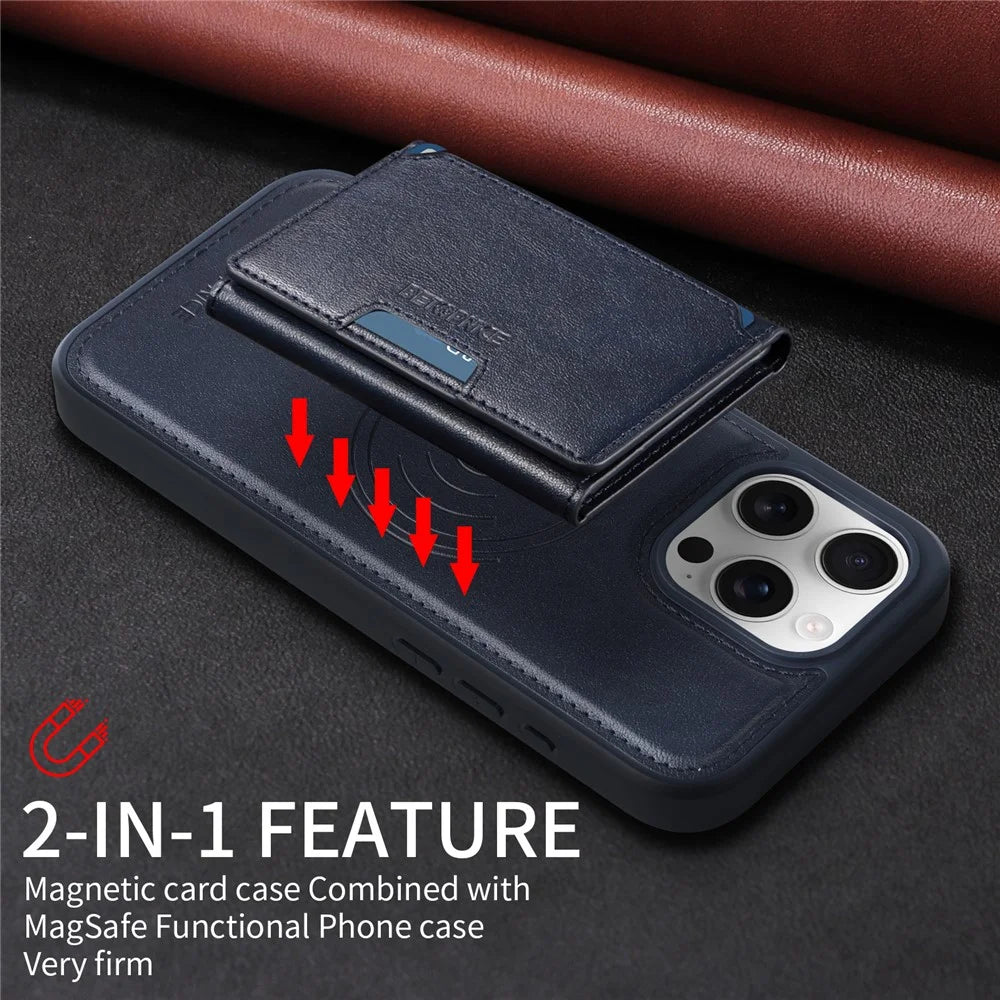 BETOPNICE For iPhone 16 Pro Max Magnetic Case  Leather Phone Cover Kickstand with Detachable Card Bag - Blue - 5