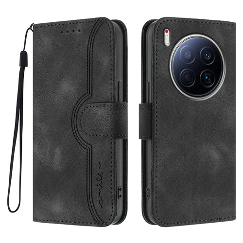 For TECNO Camon 40 Premier 5G Leather Case Wallet Stand Smile Imprinted Phone Cover with Strap - Black - 1