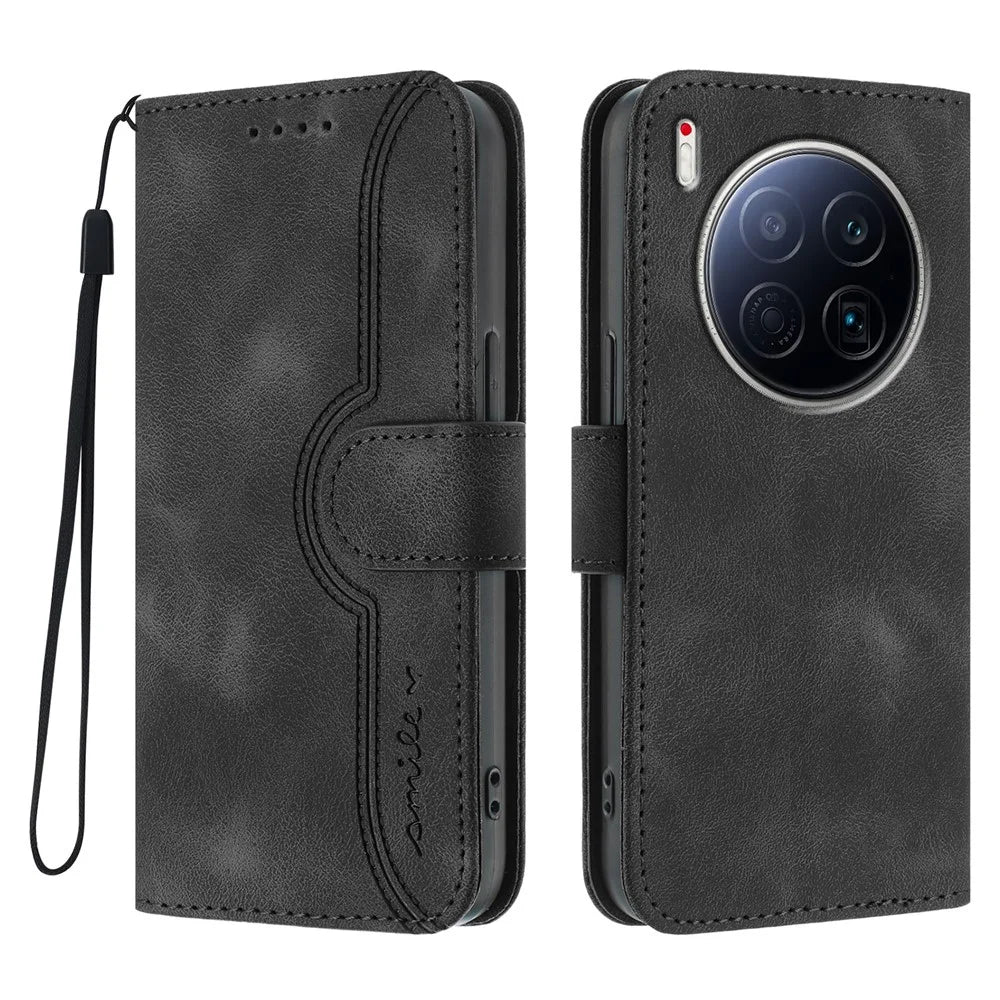 For TECNO Camon 40 Premier 5G Leather Case Wallet Stand Smile Imprinted Phone Cover with Strap - Black - 1