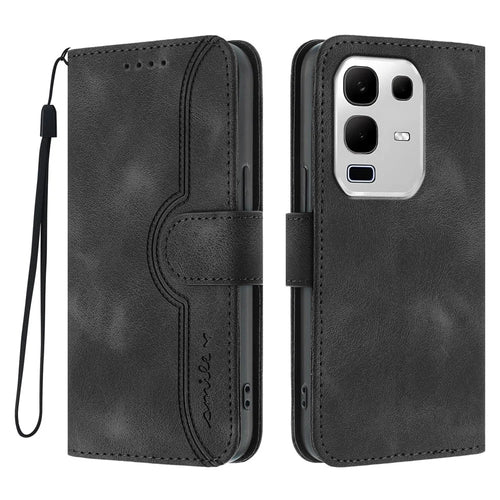 For Infinix Note 50x 5G Leather Case Wallet Stand Smile Imprinted Phone Cover with Strap - Black - 1