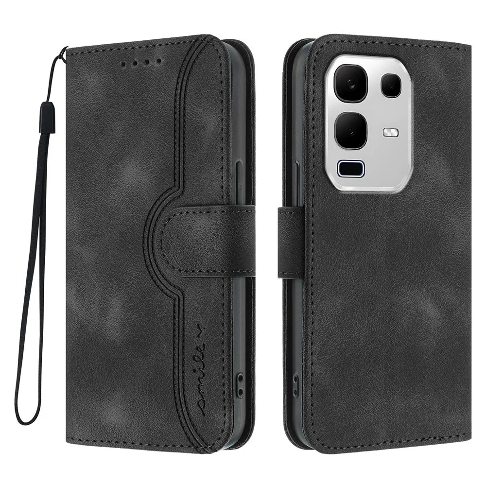 For Infinix Note 50x 5G Leather Case Wallet Stand Smile Imprinted Phone Cover with Strap - Black - 1