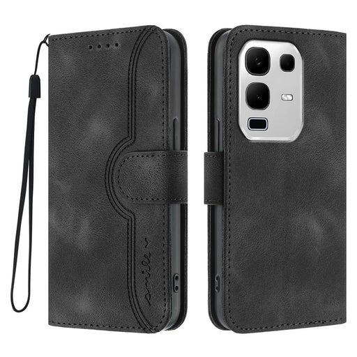 For Infinix Note 50x 5G Leather Case Wallet Stand Smile Imprinted Phone Cover with Strap - Black - 1