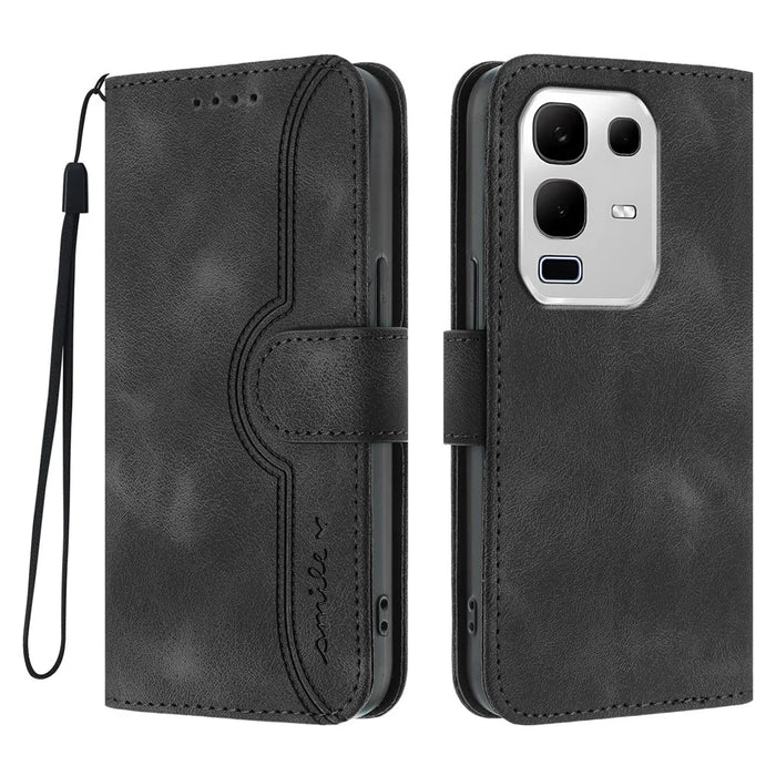For Infinix Note 50x 5G Leather Case Wallet Stand Smile Imprinted Phone Cover with Strap - Black - 1