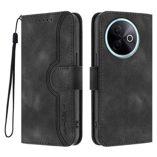 For vivo Y300i 5G / vivo Y39 5G Leather Case Wallet Stand Smile Imprinted Phone Cover with Strap - Black - 1