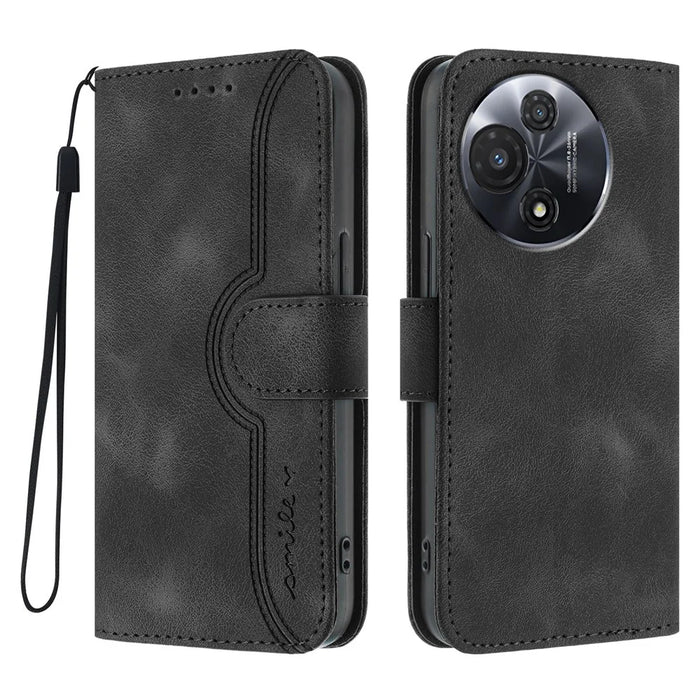 For TCL 60R 5G Leather Case Wallet Stand Smile Imprinted Phone Cover with Strap - Black - 1