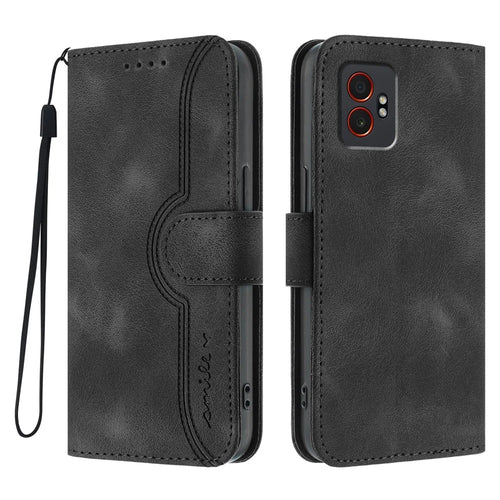 For Samsung Galaxy XCover7 Pro Leather Case Wallet Stand Smile Imprinted Phone Cover with Strap - Black - 1