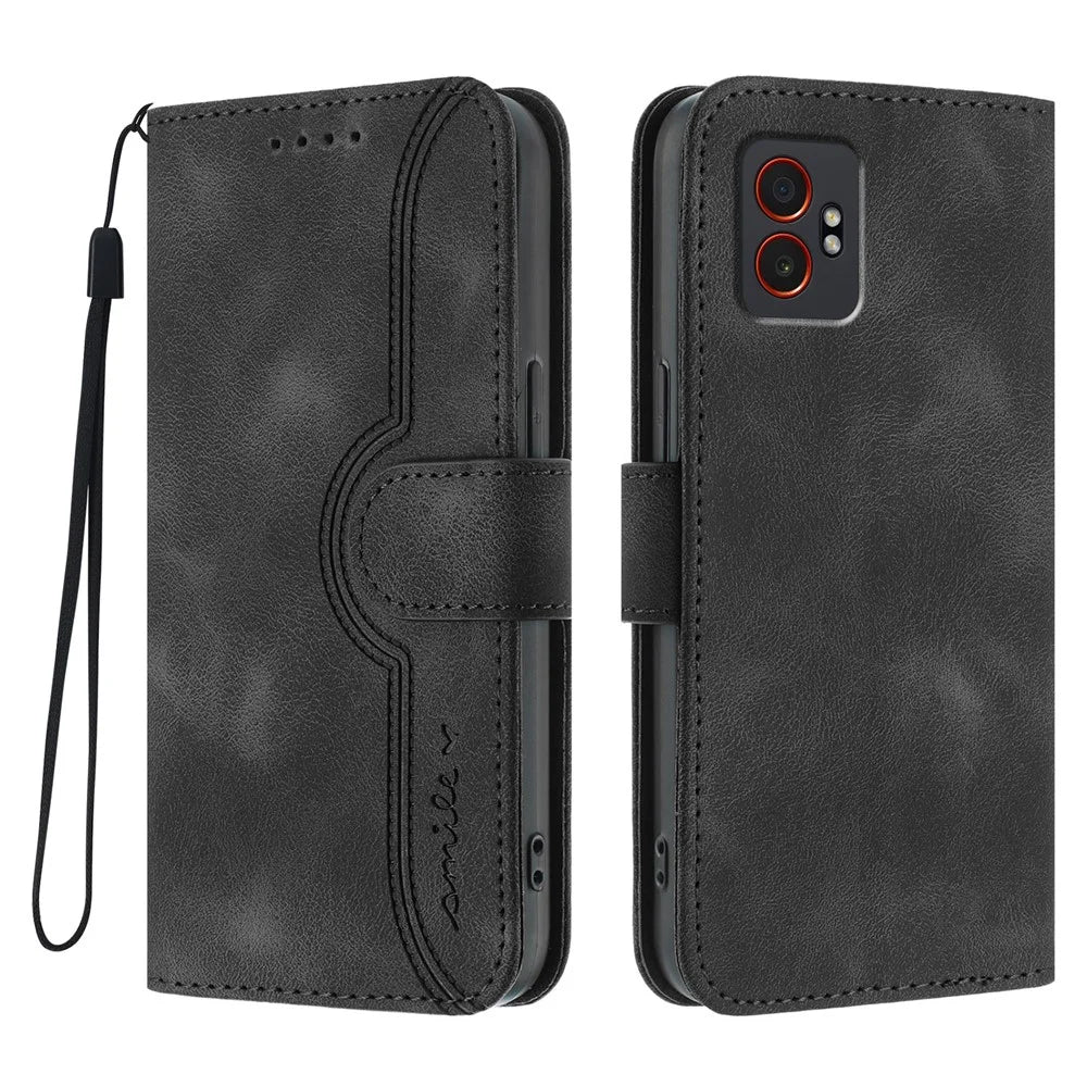 For Samsung Galaxy XCover7 Pro Leather Case Wallet Stand Smile Imprinted Phone Cover with Strap - Black - 1