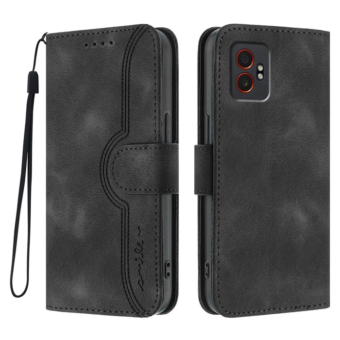 For Samsung Galaxy XCover7 Pro Leather Case Wallet Stand Smile Imprinted Phone Cover with Strap - Black - 1