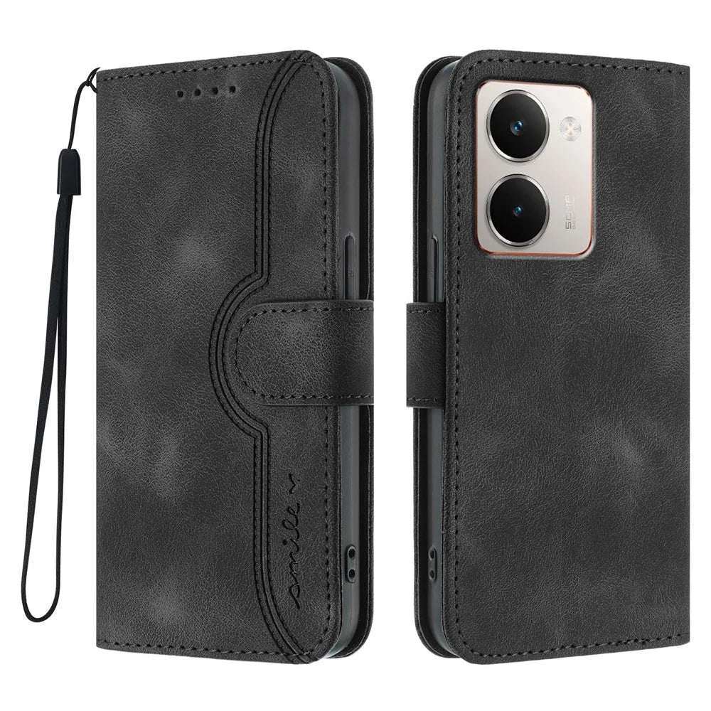 For Realme P3 Ultra 5G Leather Case Wallet Stand Smile Imprinted Phone Cover with Strap - Black - 1