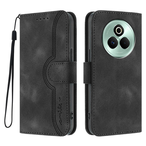For Realme P3 Pro 5G Leather Case Wallet Stand Smile Imprinted Phone Cover with Strap - Black - 1