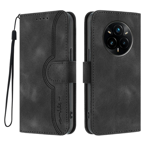 For Realme 14 Pro+ 5G Leather Case Wallet Stand Smile Imprinted Phone Cover with Strap - Black - 1