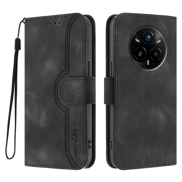 For Realme 14 Pro+ 5G Leather Case Wallet Stand Smile Imprinted Phone Cover with Strap - Black - 1
