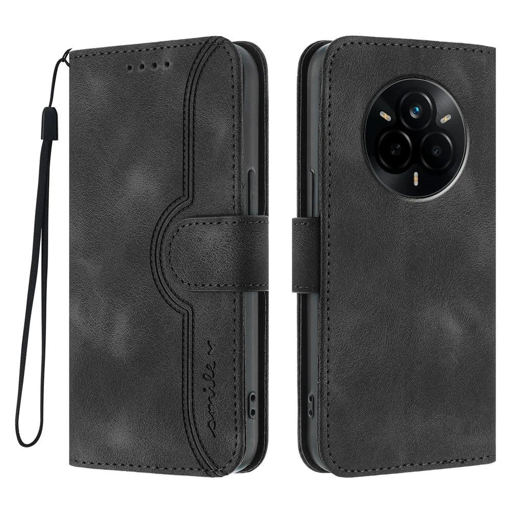 For Realme 14 Pro 5G Leather Case Wallet Stand Smile Imprinted Phone Cover with Strap - Black - 1