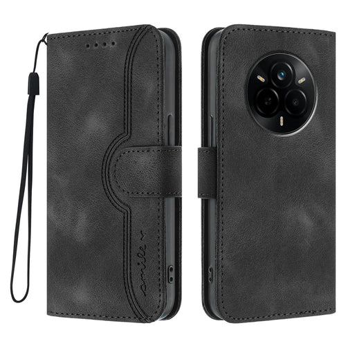 For Realme 14 Pro 5G Leather Case Wallet Stand Smile Imprinted Phone Cover with Strap - Black - 1
