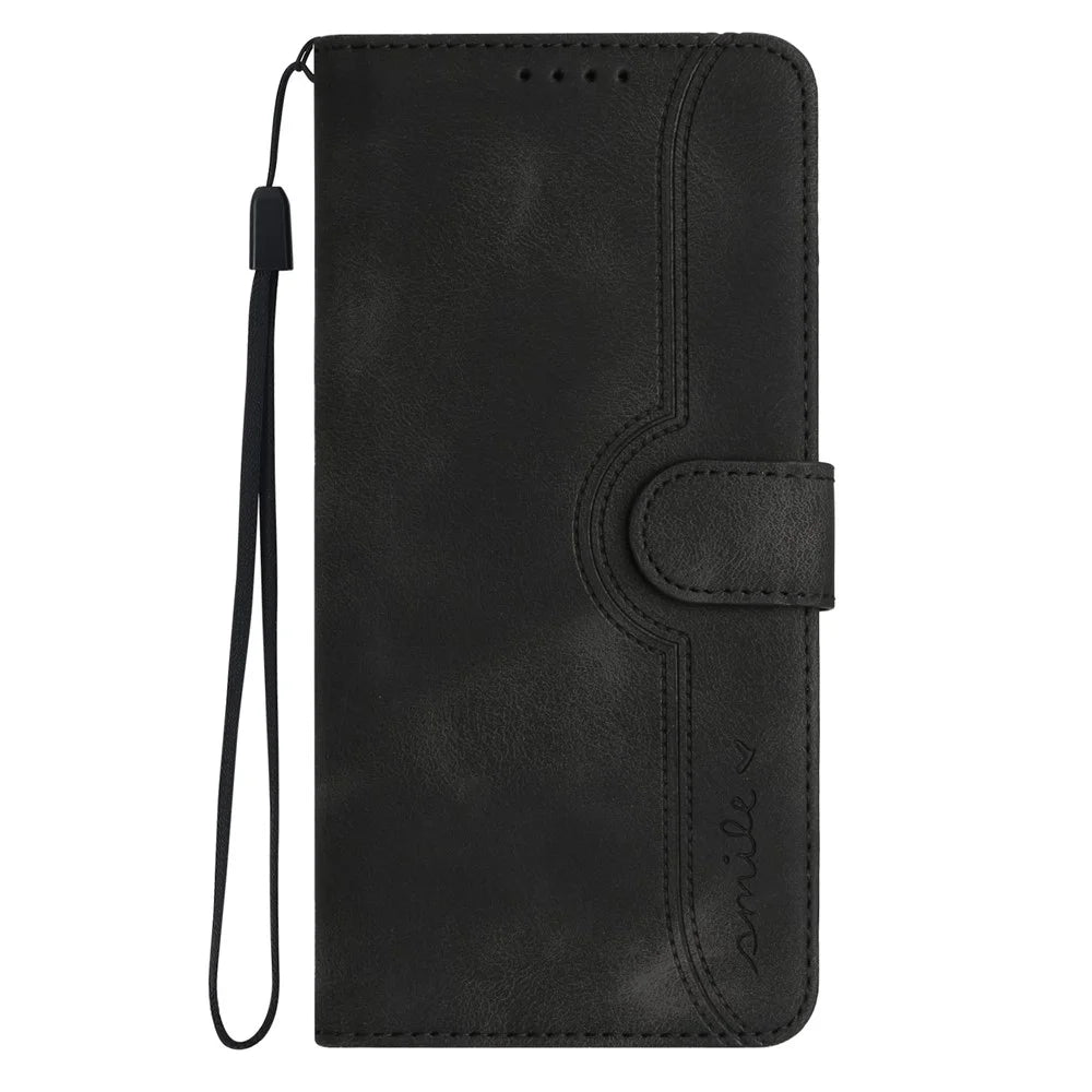 For Realme 14 Pro 5G Leather Case Wallet Stand Smile Imprinted Phone Cover with Strap - Black - 2