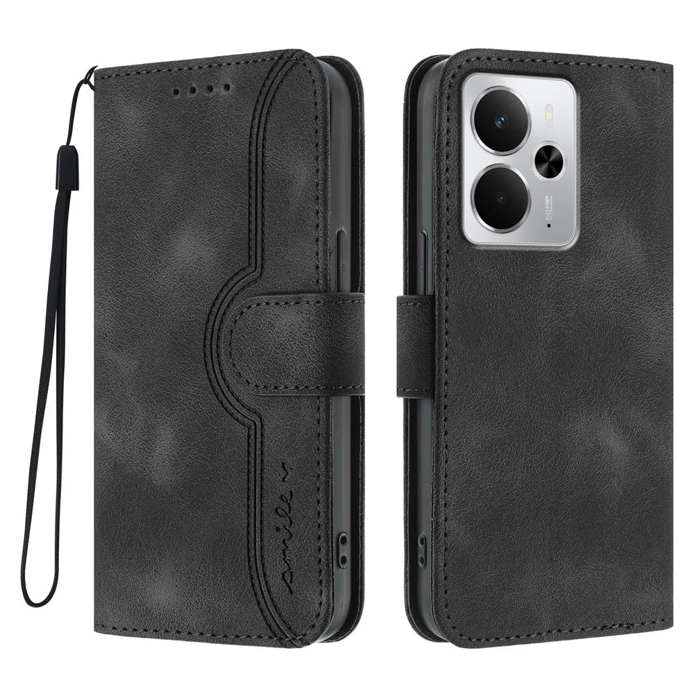 For Realme P3 5G / Realme Neo7x 5G / Realme 14 5G Leather Case Wallet Stand Smile Imprinted Phone Cover with Strap - Black - 1