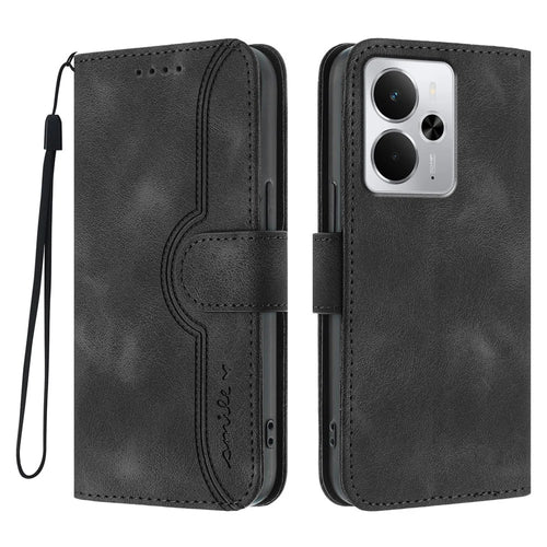 For Realme P3 5G / Realme Neo7x 5G / Realme 14 5G Leather Case Wallet Stand Smile Imprinted Phone Cover with Strap - Black - 1