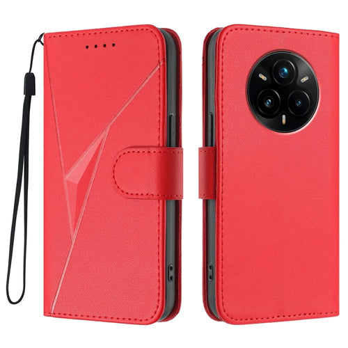 For Realme 14 Pro+ 5G Case Triangle Imprint Leather Phone Cover with Lanyard - Red - 1