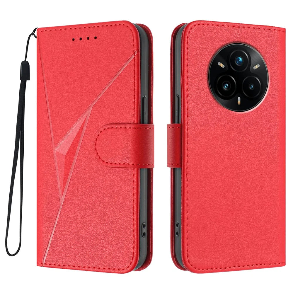 For Realme 14 Pro+ 5G Case Triangle Imprint Leather Phone Cover with Lanyard - Red - 1