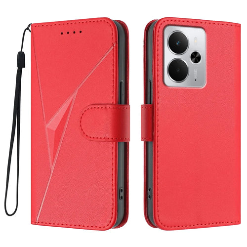 For Realme Neo7x 5G / Realme P3 5G / Realme 14 5G Case Triangle Imprint Leather Phone Cover with Lanyard - Red - 1