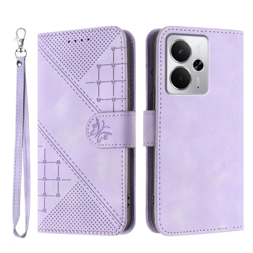 For Realme P3 5G / Realme Neo7x 5G / Realme 14 5G Leather Wallet Case Butterfly Flower Imprinted Phone Cover with Strap - Purple - 1