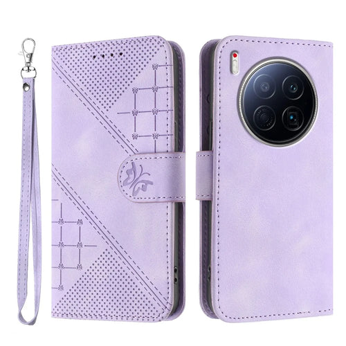 For Realme 14 Pro 5G Leather Wallet Case Butterfly Flower Imprinted Phone Cover with Strap - Purple - 1