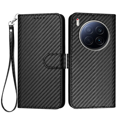 For TECNO Camon 40 Premier 5G Wallet Case with Strap Carbon Fiber Texture Leather Mobile Cover - Black - 1
