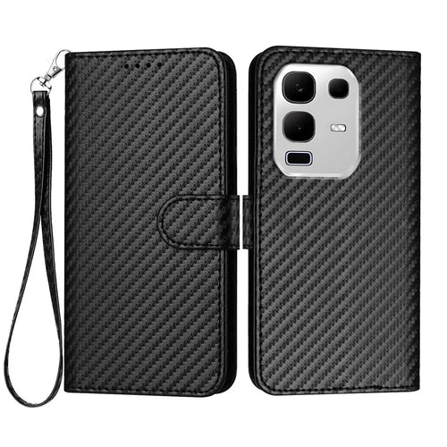 For Infinix Note 50x 5G Wallet Case with Strap Carbon Fiber Texture Leather Mobile Cover - Black - 1