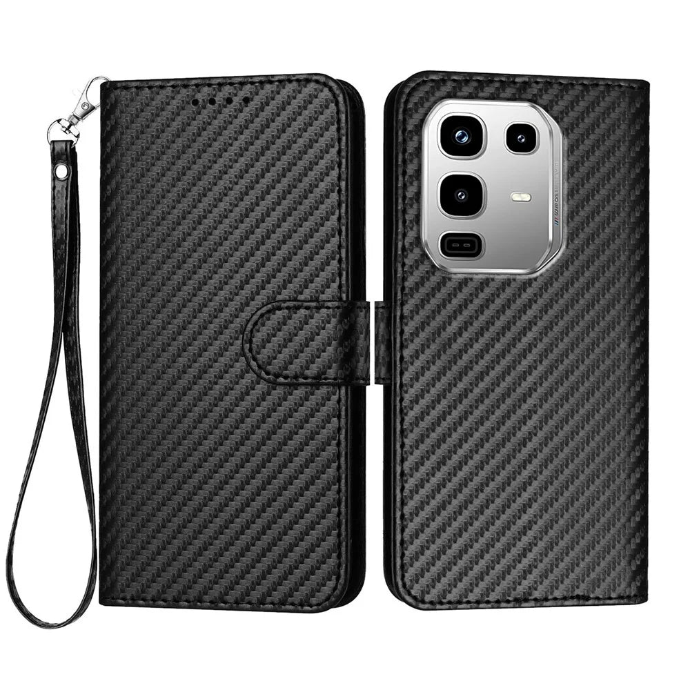 For Infinix Note 50 4G / Infinix Note 50 Pro 4G Wallet Case with Strap Carbon Fiber Texture Leather Mobile Cover - Black - 1