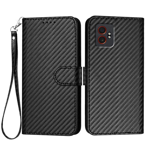 For Samsung Galaxy XCover7 Pro Wallet Case with Strap Carbon Fiber Texture Leather Mobile Cover - Black - 1
