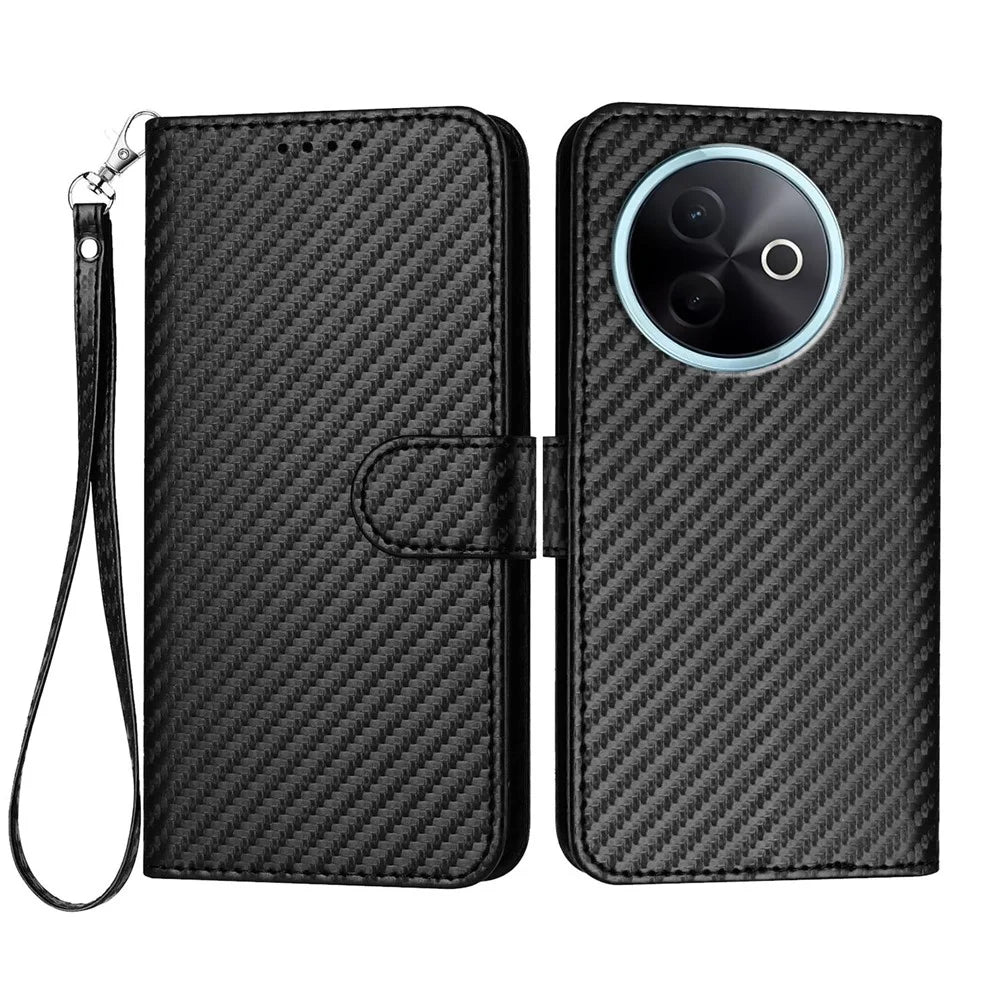 For vivo Y300i 5G / vivo Y39 5G Wallet Case with Strap Carbon Fiber Texture Leather Mobile Cover - Black - 1