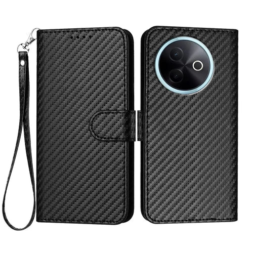 For vivo Y300i 5G / vivo Y39 5G Wallet Case with Strap Carbon Fiber Texture Leather Mobile Cover - Black - 1