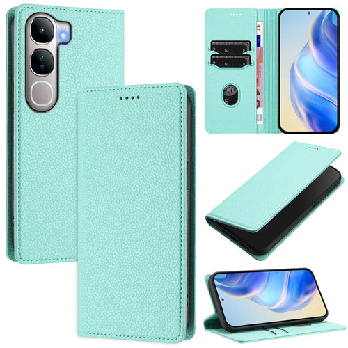 For vivo V40 Lite 5G / vivo Y300 5G Wallet Case RFID Blocking Litchi Texture Leather Mobile Cover - Mint Green - 1