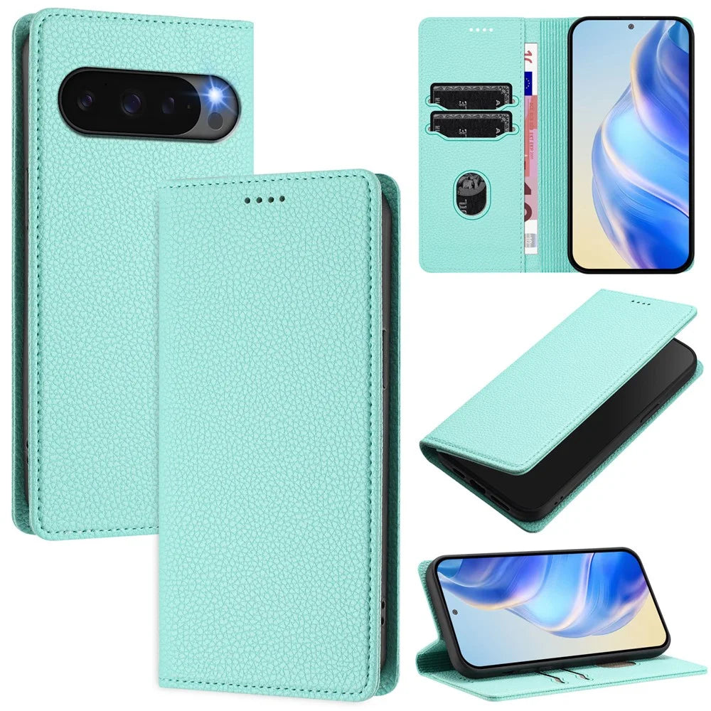For Google Pixel 10 Pro / 10 / 9 Pro / 9 Wallet Case RFID Blocking Litchi Texture Leather Mobile Cover - Mint Green - 1