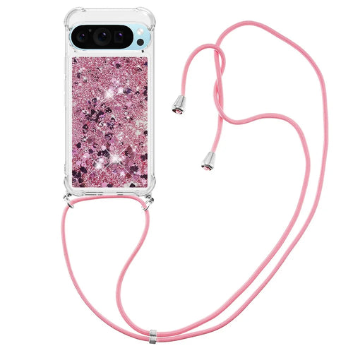 For Google Pixel 10 Pro / Google Pixel 10 TPU Case Quicksand Phone Cover with Lanyard - Rose Gold / Hearts - 1