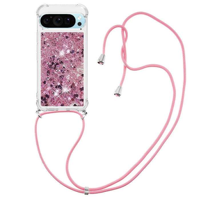 For Google Pixel 10 Pro / Google Pixel 10 TPU Case Quicksand Phone Cover with Lanyard - Rose Gold / Hearts - 1