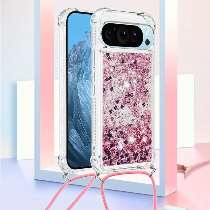 For Google Pixel 10 Pro / Google Pixel 10 TPU Case Quicksand Phone Cover with Lanyard - Rose Gold / Hearts - 2