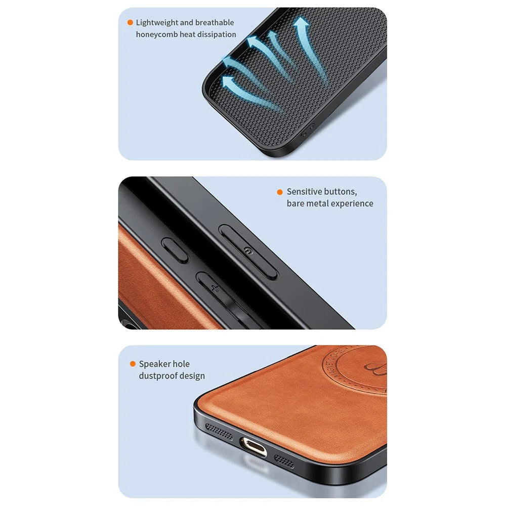 For iPhone 17e / 16e Magnetic Case PU + TPU + PC Phone Back Cover Drop Resistant - Brown - 6