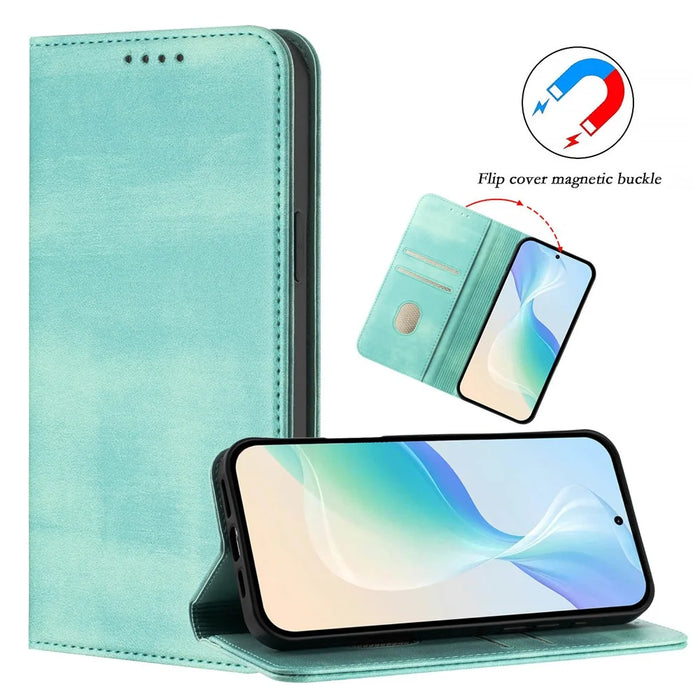 For vivo X200 Ultra 5G Wallet Cases Retro Texture RFID Blocking Leather Phone Cover - Mint Green - 6